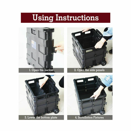 GROCERY BASKET FOLDABLE SHOPPING CART TROLLEY WHEELS FOLDING CRATE PORTABLE
