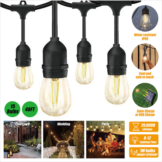 48FT LED Festoon Lights Solar String Light Waterproof Party Outdoor Bulbs