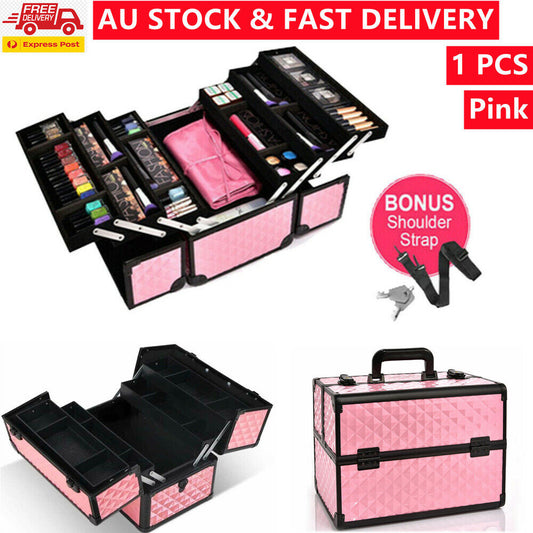 Cosmetic Beauty Makeup Case Carry Bag Organiser Box Strap Travel Portable Pink