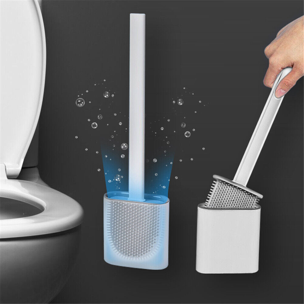 Set Silicone Toilet Brush Wall Mounted Flexible Soft Bristle w/ Holder Bathroom