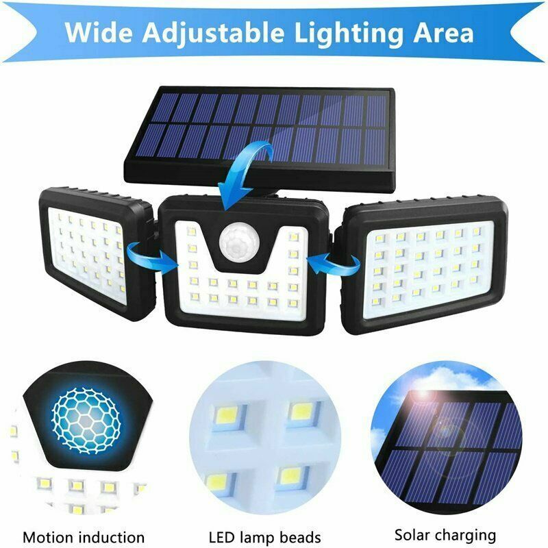 3 Head Solar Motion Sensor Light Outdoor Garden Wall Security Flood Lamp 100LEDs