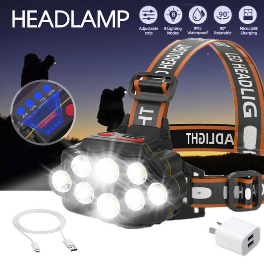 USB Rechargeable Head Light 8 LED Headlight Head Lamp Waterproof Head Torch