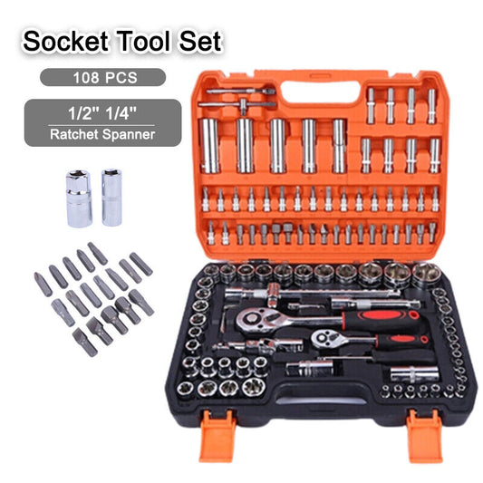 108PCS Tool Kit 1/2'' 1/4'' Ratchet Spanner Wrench Socket Hand Set Metric Driver
