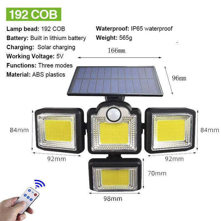 4 Head 192 LED Solar Lights Street Motion Sensor Light Garden Wall Security Lamp