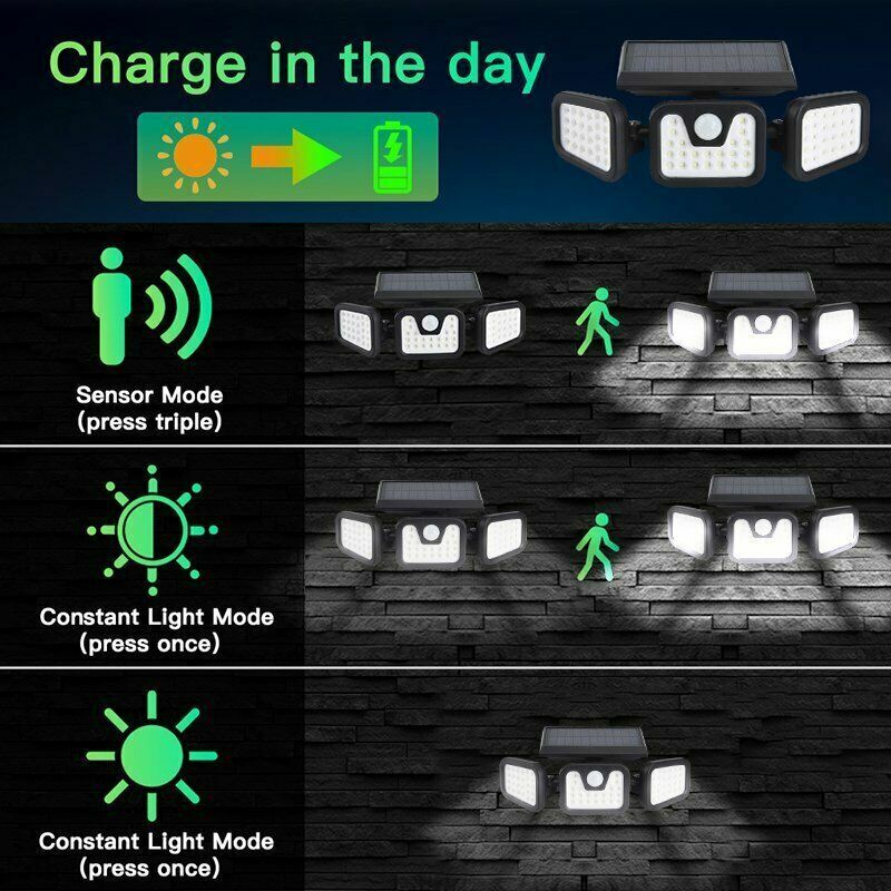 3 Head Solar Motion Sensor Light Outdoor Garden Wall Security Flood Lamp 100LEDs