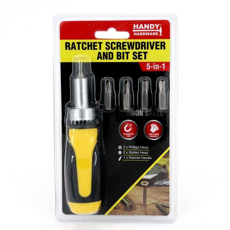 Handy Hardware® Ratchet Screwdriver & Bits Set Magnetic Tip Internal Storage