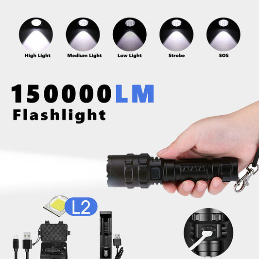 150000LM CREE L2 LED Tactical Flashlight USB Rechargeable Camping Hunting Torch