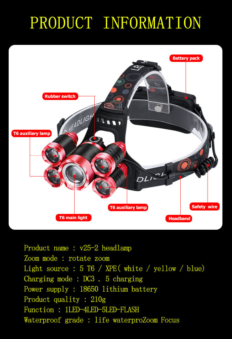 Rechargeable T6 Headlamp Headlight Head Torch Lamp Fishing Camping Worklight