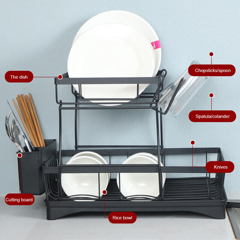 Detachable Dish Drying Rack 2 Tier Drainboard Cutlery Drainer Organizer
