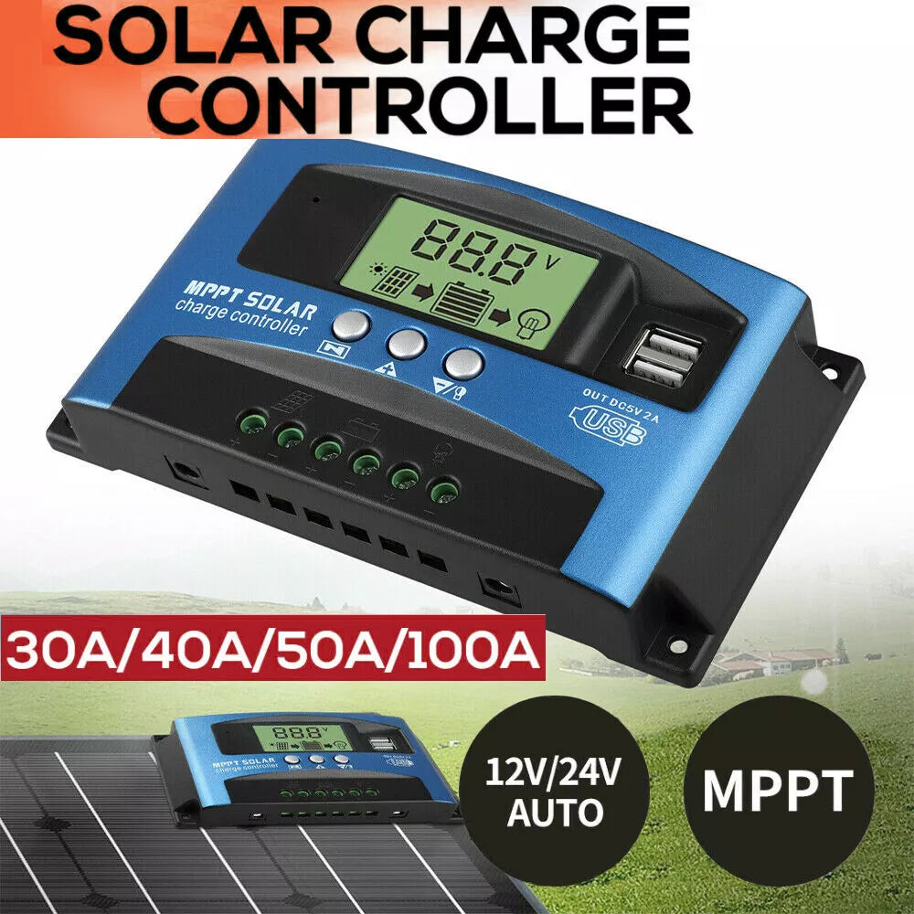 30/40/50/100A Solar Panel Charge Controller 12V 24V Regulator Auto Dual USB Mppt