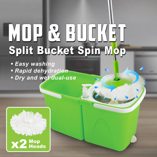 Split Bucket 360 Rotating Magic Spinning Spin Mop 2 Mop Heads Stainless Steel