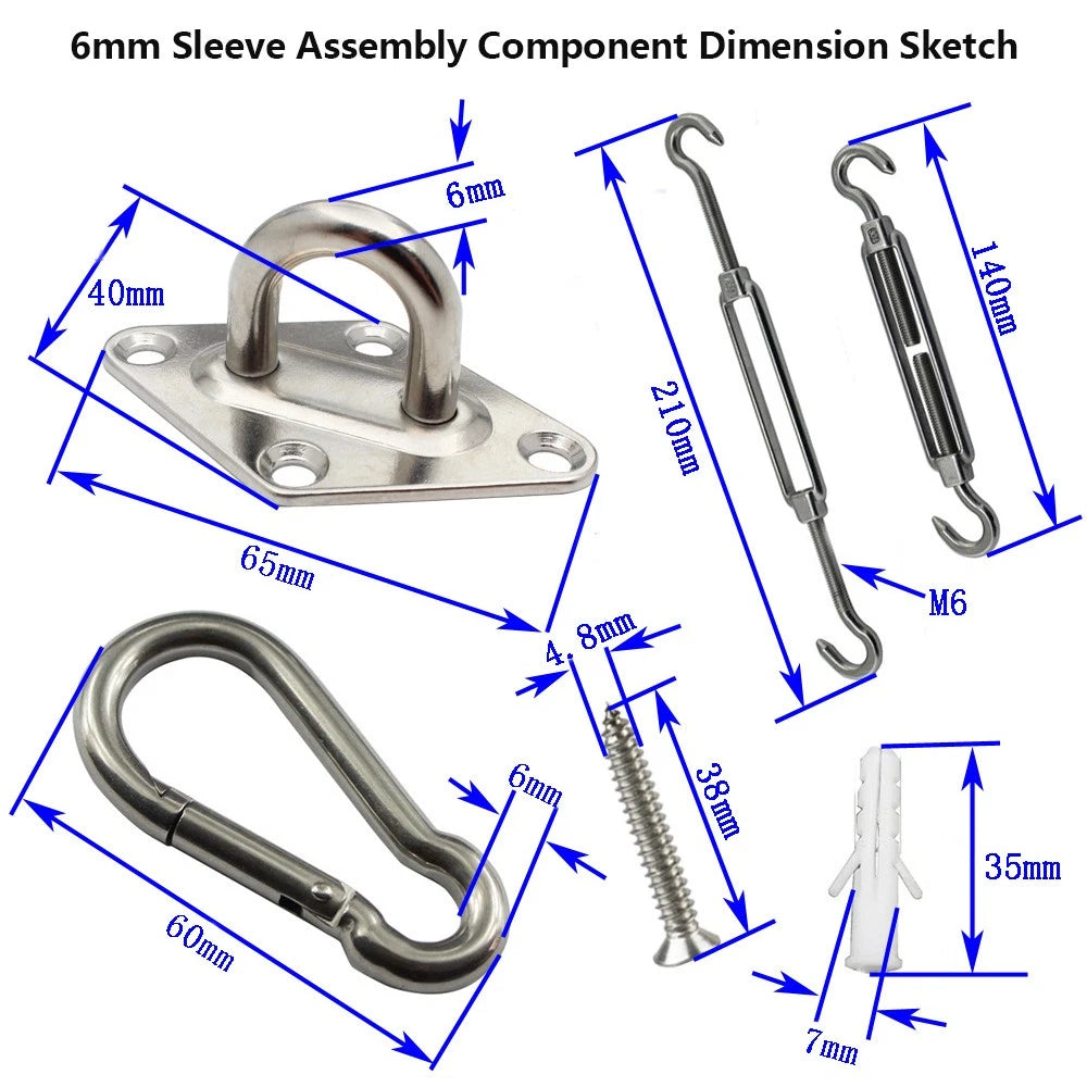 6mm 304 Stainless Steel Turnbuckle Kit – 4 Hook Open Body + Carabiners & Fixings