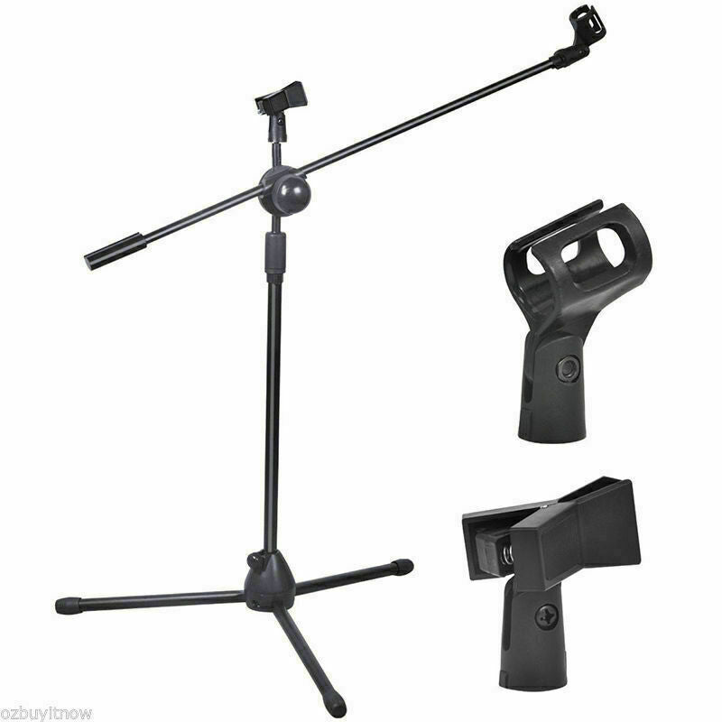 Adjustable Microphone Stand Foldable Mic Holder Tripod Two Clip Boom