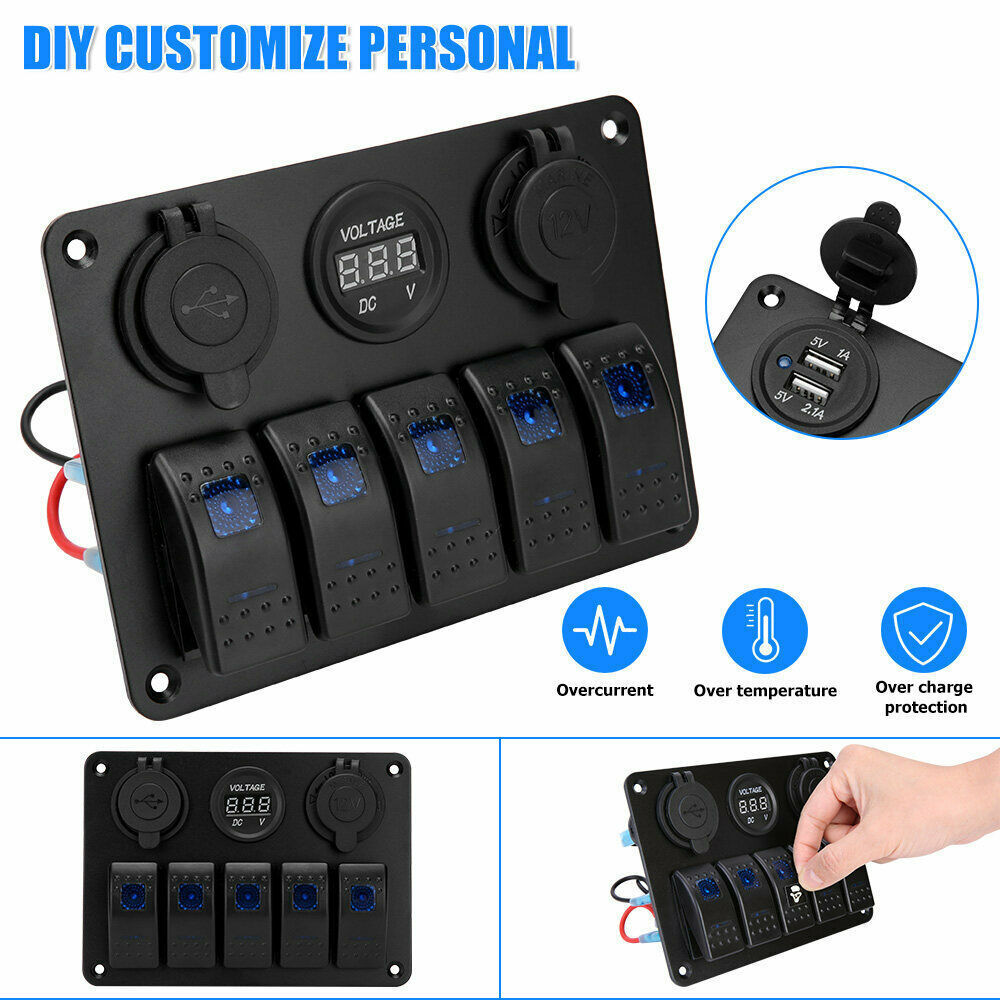 6 Gang 12V Switch Panel LED Light Rocker Circuit Breaker For Car RV Boat Marine