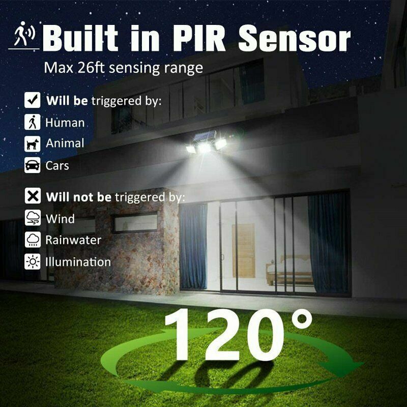 3 Head Solar Motion Sensor Light Outdoor Garden Wall Security Flood Lamp 100LEDs