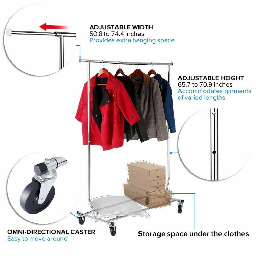 Collapsible Adjustable Single Rail Rolling Garment Cloth Coat Rack Hanger Dryer