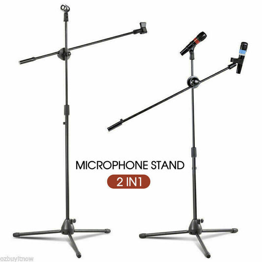 Adjustable Microphone Stand Foldable Mic Holder Tripod Two Clip Boom