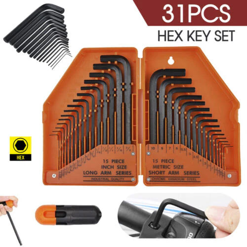 31PC ALLEN KEY SET METRIC & IMPERIAL COMBINATION HEX WRENCH KEYS WITH T-HANDLE