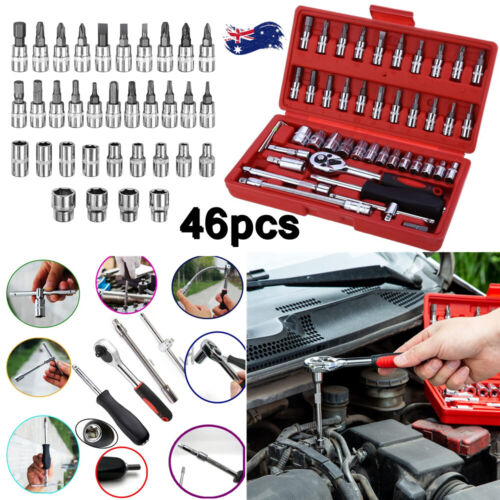 46PCS Socket Wrench Set CRV Truck 1/4" Drive Metric Flexiable Extension Bar Case