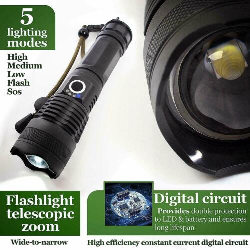 900000 LUMENS XHP50 ZOOM FLASHLIGHT LED RECHARGEABLE LAMP TORCH W/26650 BATTERY