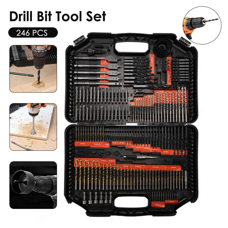 246pcs Drill Bit Set Tool Combination Kit Woodworking Flat Drill Bits