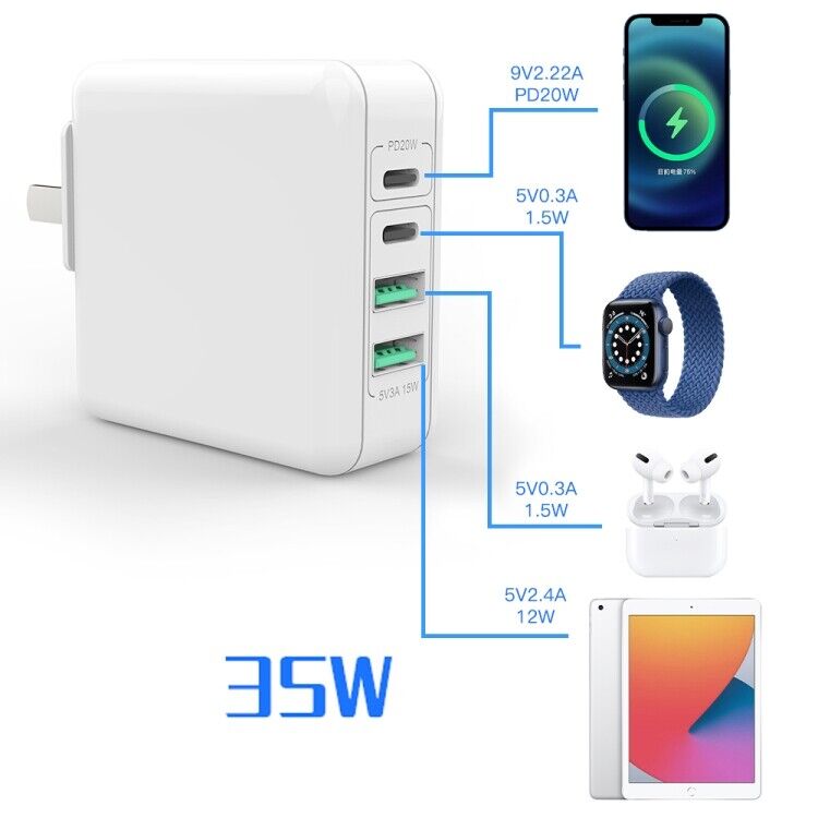 Multi Port Power Adapter Fast Charger 35W