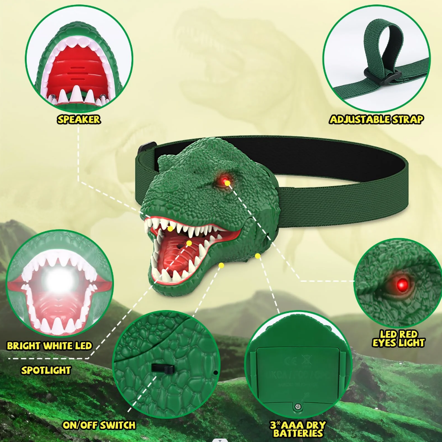 Dinosaur Headlamp for Kids with Adjustable Headband Camping Essentials