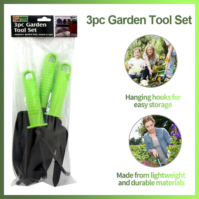 3Pc Garden Hand Tools - Garden Fork Trowel & Rack Lightweight Durable