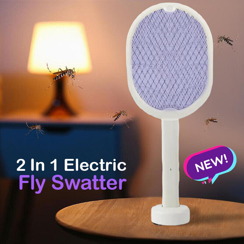 NEW 2 In 1 Electric USB Rechargable Racket Fly Swatter Mosquito Insect Zapper