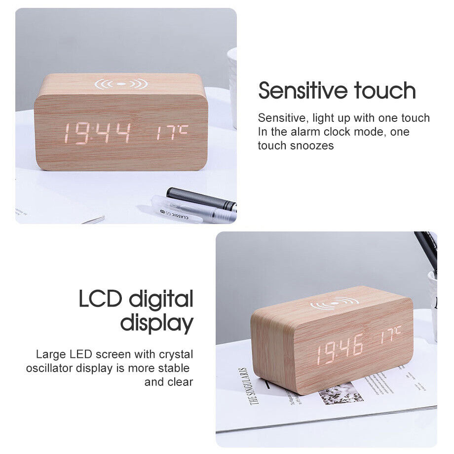 Digital Alarm Clock Wooden Table Desk Bedside LED Clock With Wireless Charger