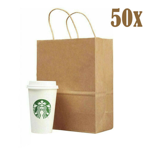 50 x Bulk Kraft Paper Bags Gift Shopping Carry Craft Brown Bag w/ Handles Size M