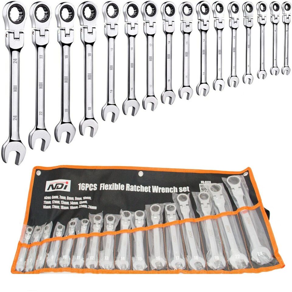 16 PCS NDI Flexi Head Ratchet Spanner Set 6MM-24MM Metric ND-0328