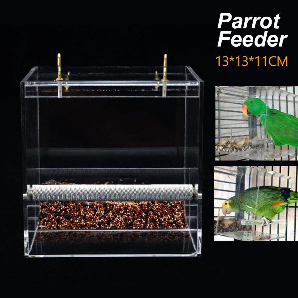 Acrylic Automatic Parrot Feeder No Mess Bird Cage Seed Feeding Container Box