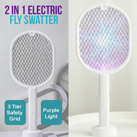 NEW 2 In 1 Electric USB Rechargable Racket Fly Swatter Mosquito Insect Zapper