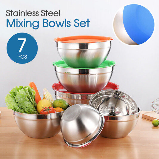 7pc Stainless Steel Mixing Bowls Set with Lids and Non-Slip Bottoms