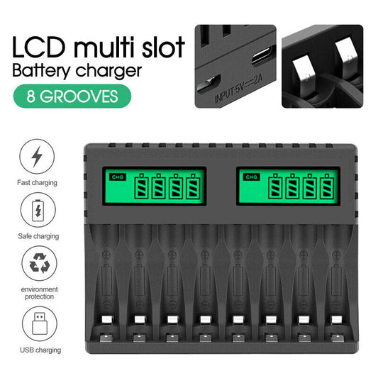 8 Slot Smart Battery Charger for AA/AAA Rechargeable Batteries LCD Display