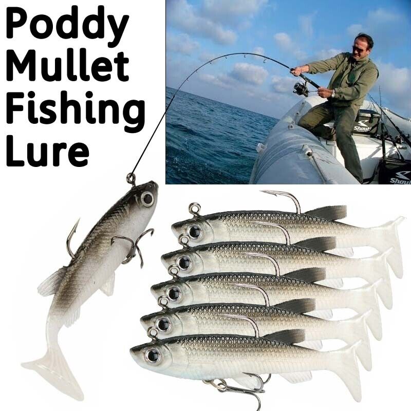 5x Soft Plastic Vibe Lures Poddy Mullet Flathead Jig Heads Barra Cod Fishing