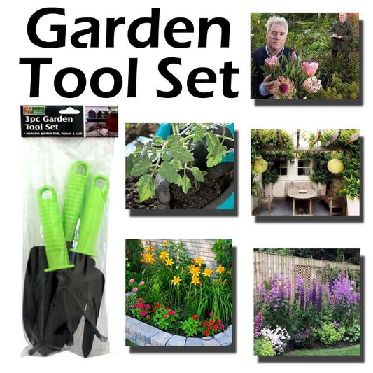 3Pc Garden Hand Tools - Garden Fork Trowel & Rack Lightweight Durable