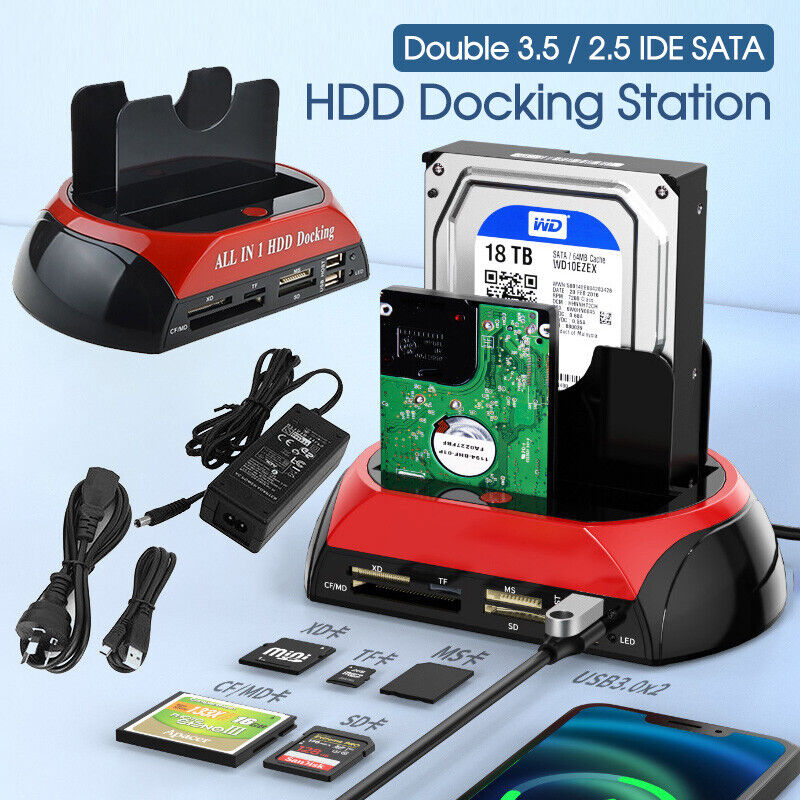 HDD Docking Station Dual 2.5" 3.5" SATA IDE Hard Disk Drive Dock OTB Card Reader