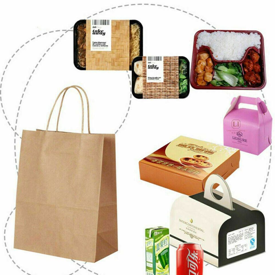 50 x Bulk Kraft Paper Bags Gift Shopping Carry Craft Brown Bag w/ Handles Size M